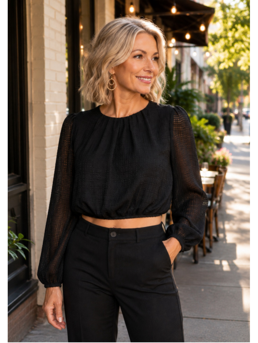 Le Lis Cropped Blouse Keyhole Back Sheer Sleeve Plaid Texture Chic Sultry